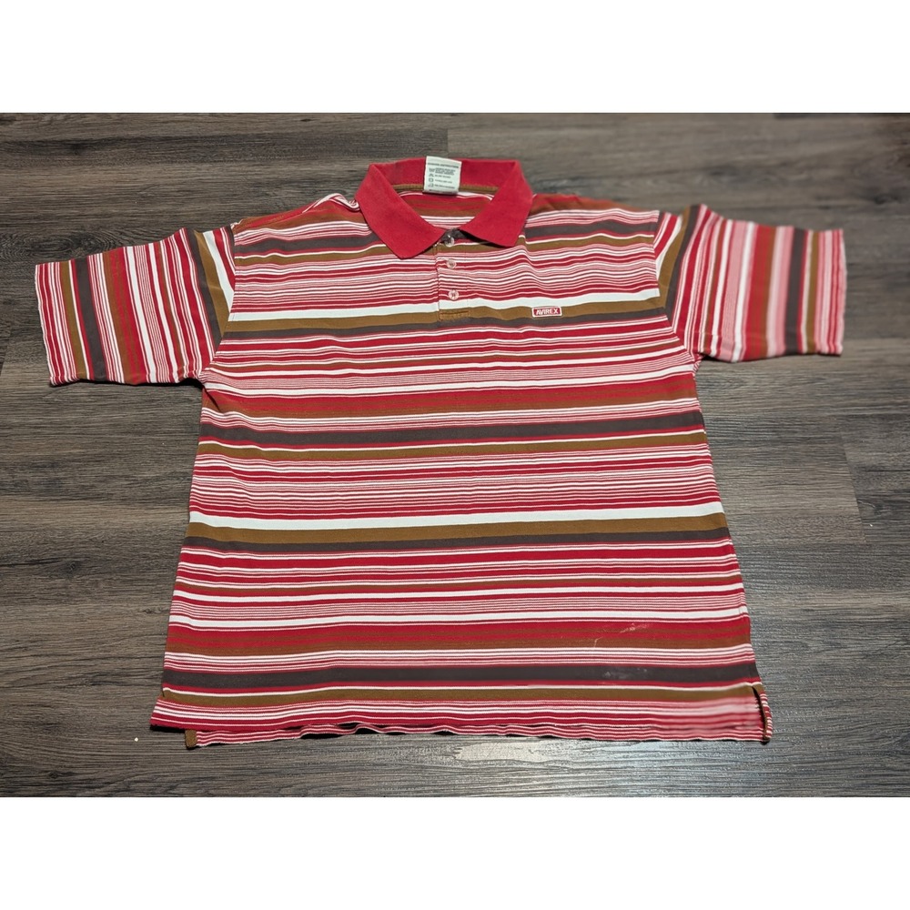 Avirex Mens XL Vintage Y2K Striped Polo Shirt Red Brown Short Sleeve Cotton